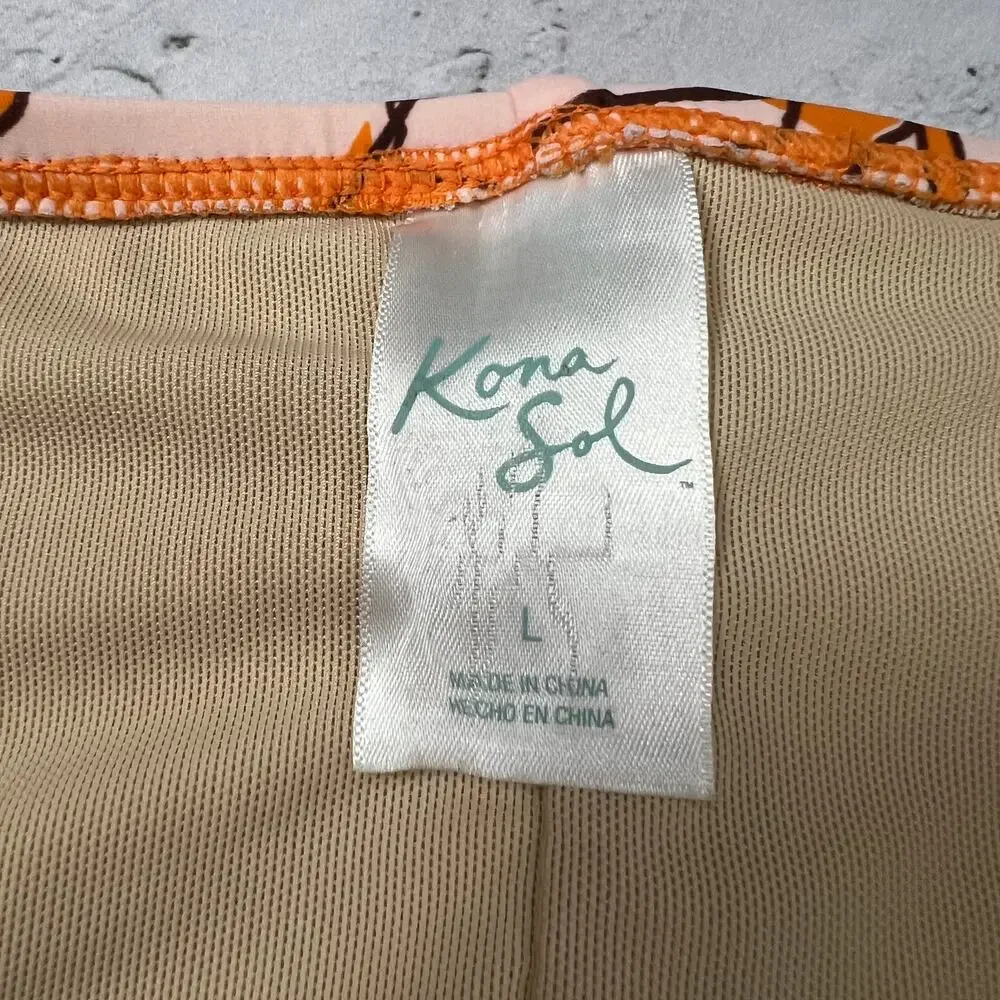 Kona Sol Tropical Bikini Bottom Size L High Waist Orange Pink Swim Bottom NWOT